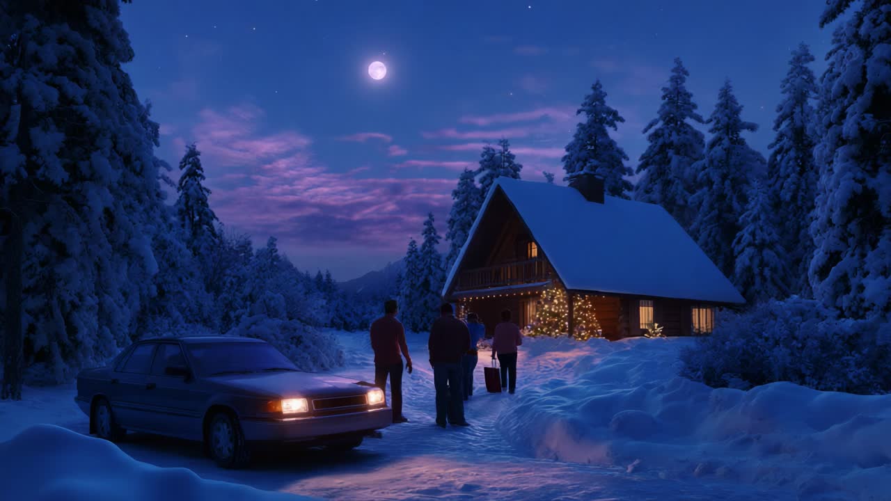 A serene winter night near a cozy cabin surrounded by snow-covered trees, where friends and family gather under the moonlight, capturing the magic of the holiday season and the warmth of togetherness