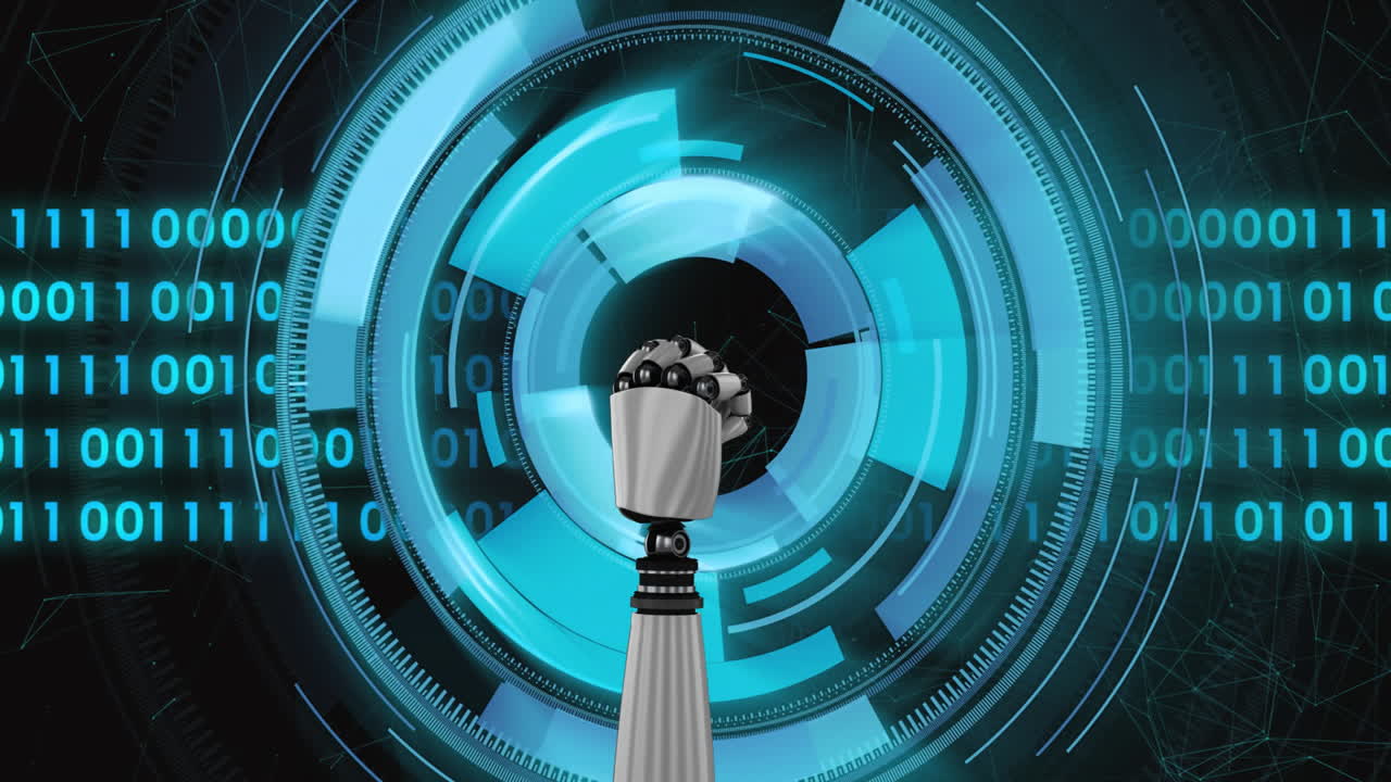 animación del procesamiento de datos de codificación binaria sobre el brazo del robot