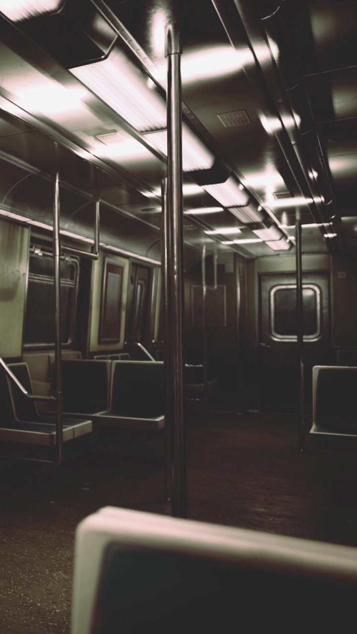 Interno vuoto di un treno della metropolitana con pali metallici e sedili di notte