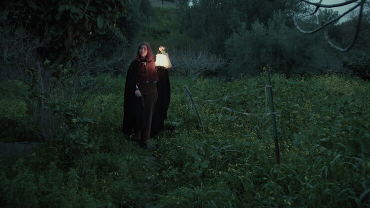 謎めいた女が夜に草原を歩く 魔法の森