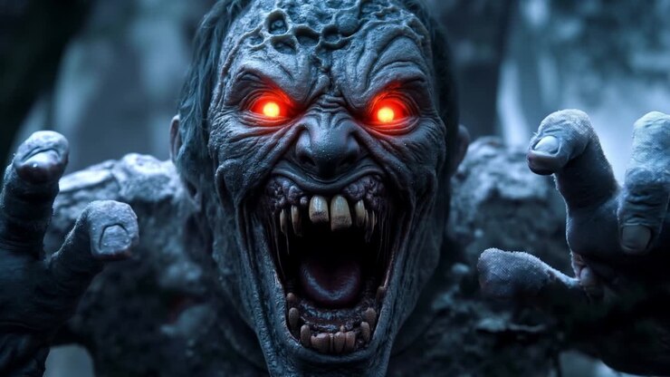 A close up of a demonic creature with red eyes and fangs