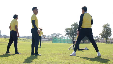 playing cricket, team practicing on field, stretching and preparing for match