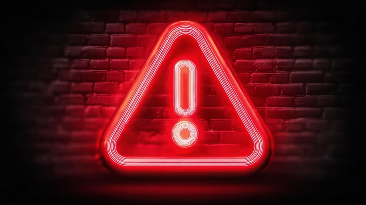 A striking visual representation of a warning sign illuminated in vibrant red neon against a dark, textured brick wall, highlighting caution and attention-grabbing alertness