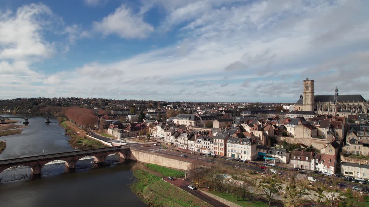 Loire River and Nevers France, 4K cinematographic aerial
