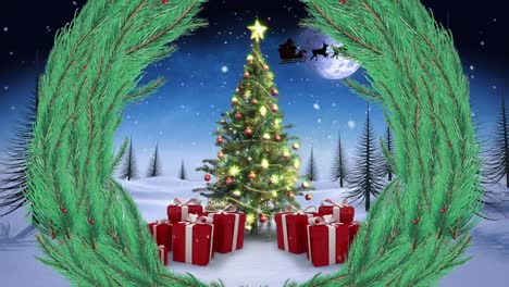 Animation-of-christmas-wreath-over-christams-tree-in-winter-scenery