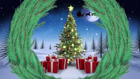 animación de la corona de navidad sobre el árbol de navidad en un paisaje de invierno