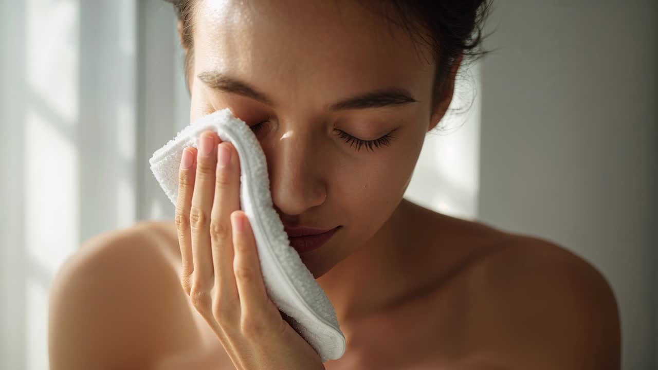 Window light urging adult Asian woman at sink wearing towel pressing cloth across eye for cleansing