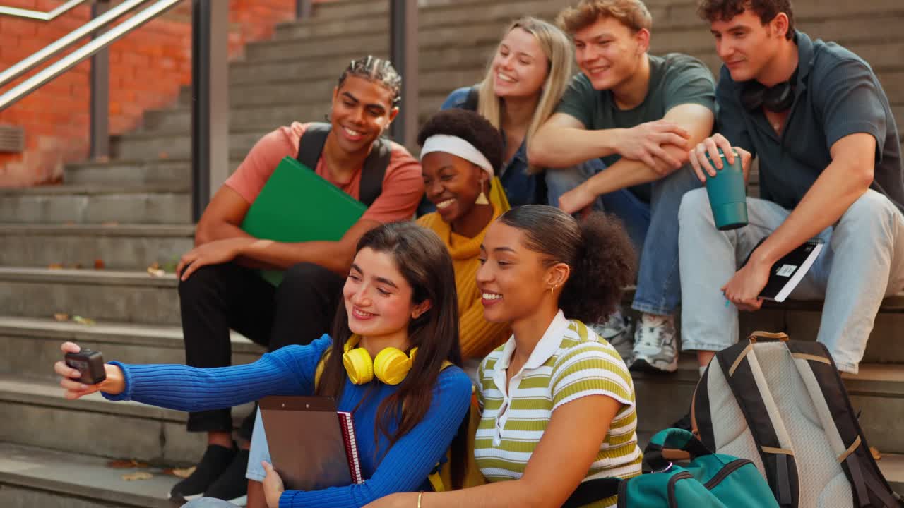 Group of students taking a selfie on campus