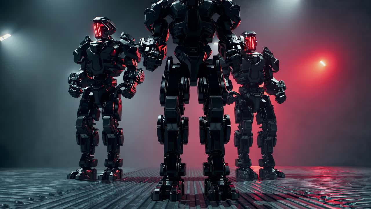 Futuristic robots in a dimly lit room, captured from a low angle. The scene has a cinematic video