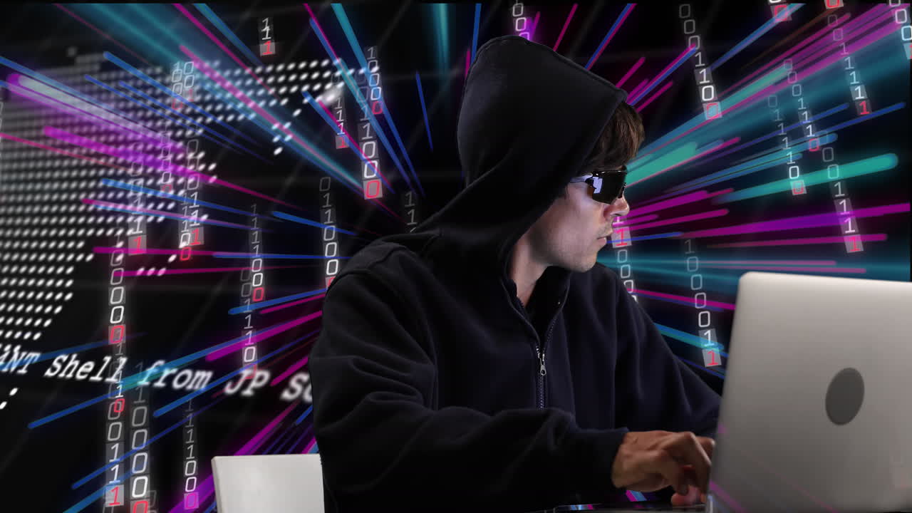분홍색과 파란색 네온 조명 트레일 위에 백인 남성 해커의 애니메이션