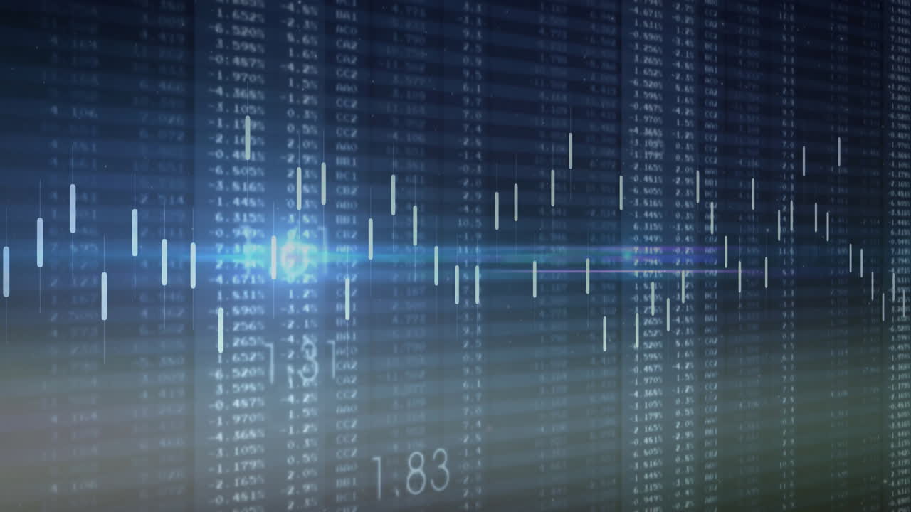 Vertical candlestick chart bars being animated over numeric data columns in flat design interface