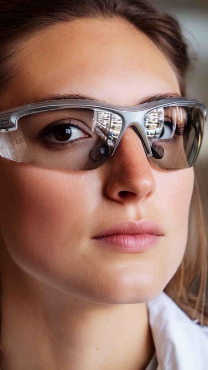 Elegante giovane donna che indossa occhiali da sole moderni con lenti riflettenti che mostrano sicurezza e stile in un ritratto ravvicinato