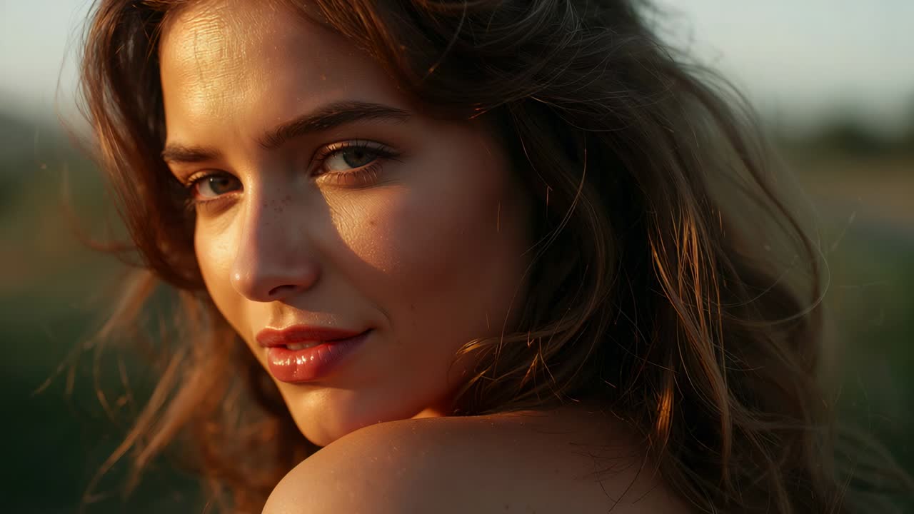 Responding to camera rolling woman turning holding gaze shifting smile bare shoulder hair in field