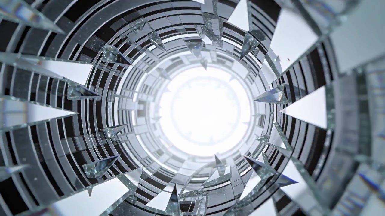 Telecamera in movimento che inizia una panoramica verso l'interno, verso una luce centrale in un tubo a specchio, rivelando anelli e frammenti.