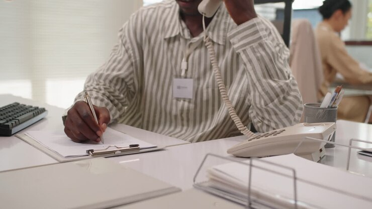 Bankbestyrer udfylder dokument, mens han taler i telefon med en kunde