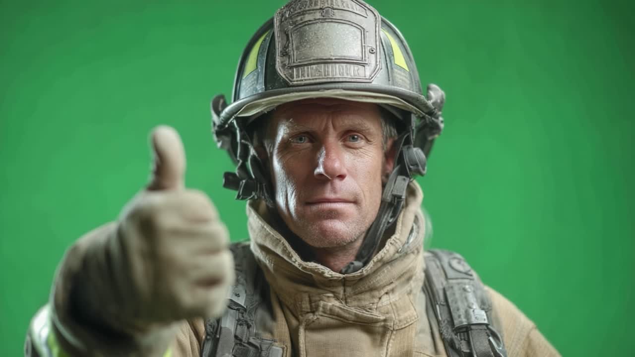 Courageous Firefighter Displays Confidence with a Thumbs Up Gesture, Showcasing Heroism and Commitment to Safety in a Studio Portrait Against a Green Background
