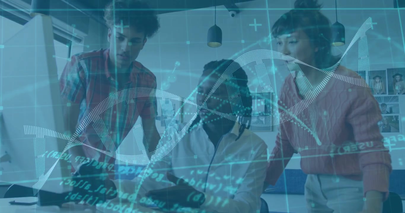 Diverse Business Team Collaborating with Digital Data and DNA Graphics