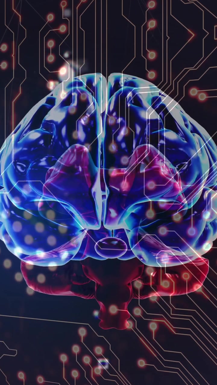 Animation of digital brain over computer circuit board on black background