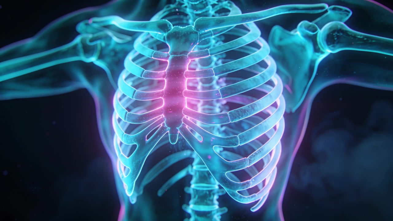 Riproduzione di un ciclo respiratorio con torace 3D, costole che si espandono, sterno che pulsa, mostrando la scapola in studio a scopo didattico.