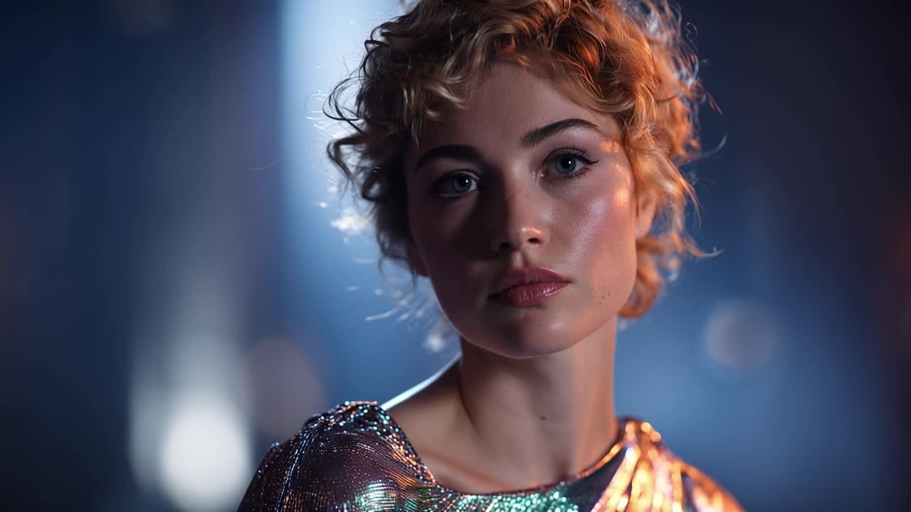 Soft light glows on her face. Curly hair frames a thoughtful gaze. Metallic garment catches the ambient glow. She stares into the distance, calm and focused. Suitable for futuristic, cinematic