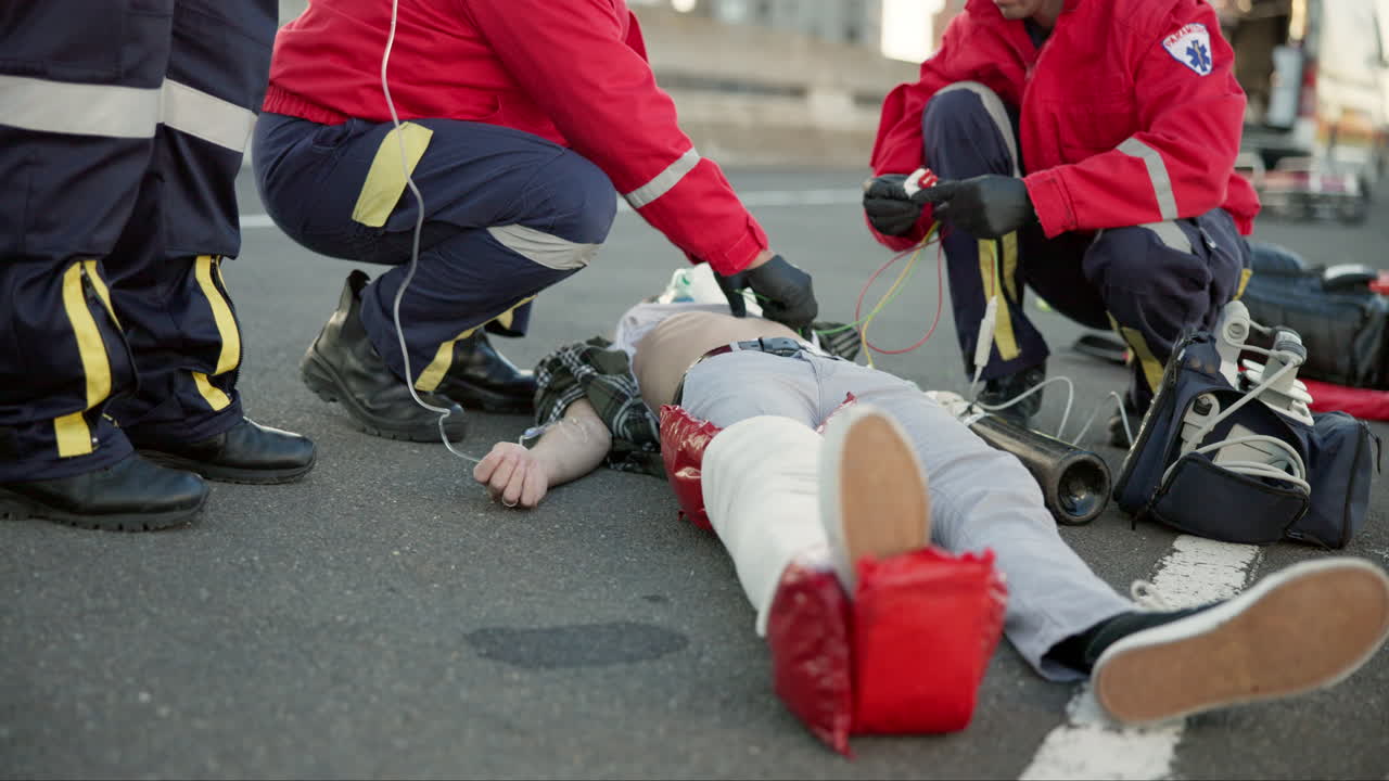 emergencia, ambulancia y personas en la carretera