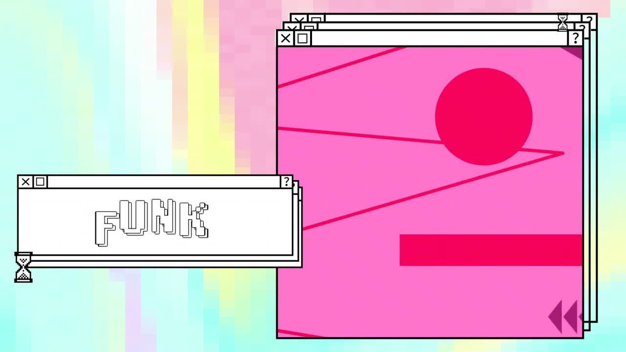 animación de texto funk sobre pantallas de computadora y fondo vibrante