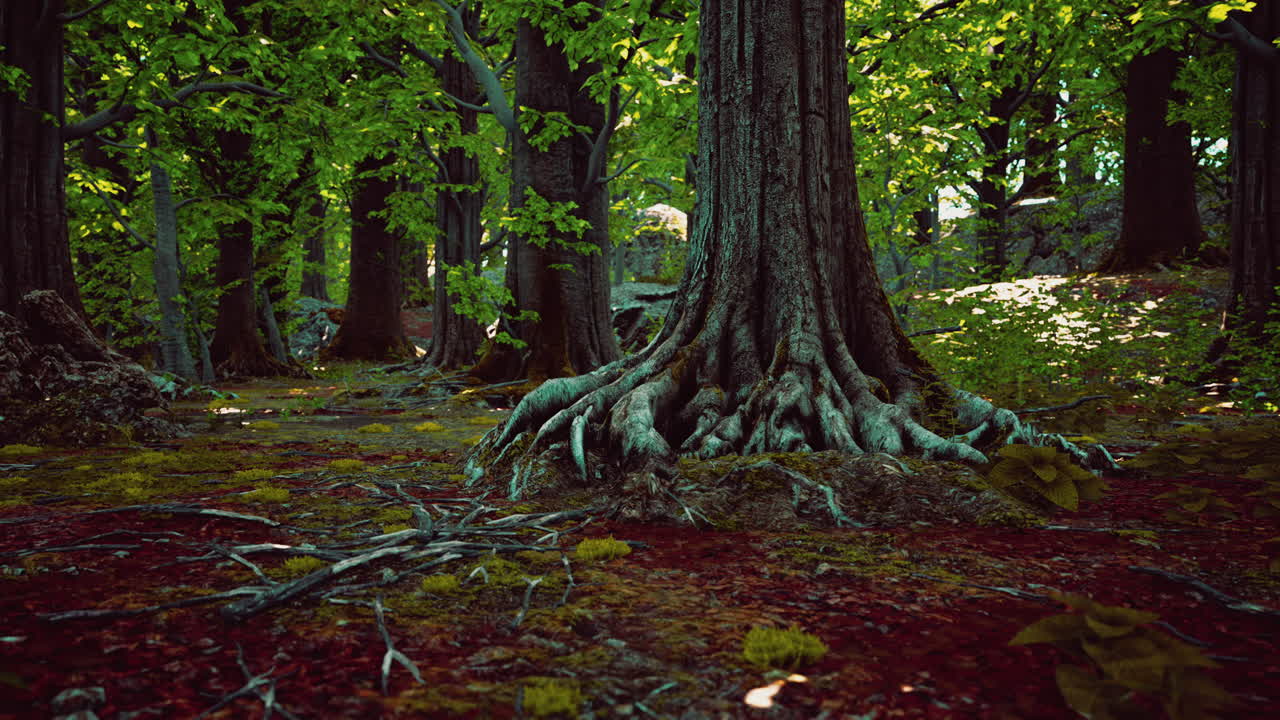 Roots of an old tree overgrown with moss