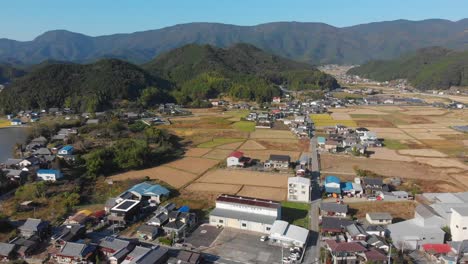 volando sobre un pequeño pueblo y sus campos en japón