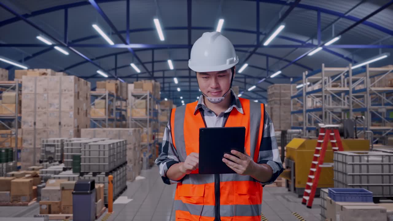 Veduta frontale di un ingegnere asiatico che usa un tablet mentre cammina e ispeziona in un ampio magazzino con file di scaffalature