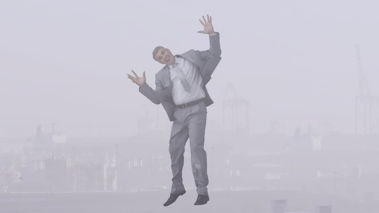 Dancing energetically, businessman in suit against foggy cityscape with animation