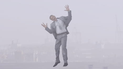 dancing energetically, businessman in suit against foggy cityscape with animation