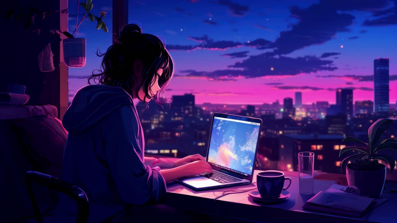 A serene video scene of a person working on a laptop by a window, overlooking a vibrant cityscape