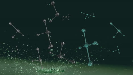 molecular structures and liquid splash animation over dark green background