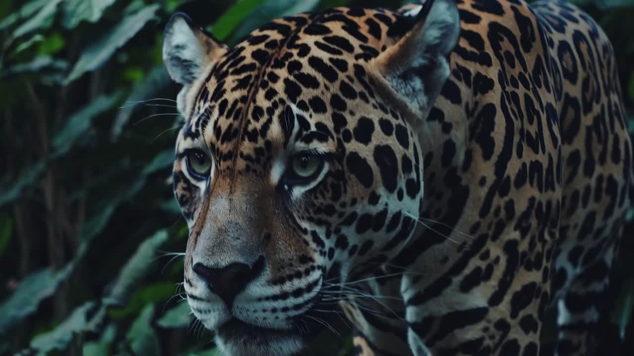 A dramatic close-up video of a jaguar prowling through dense jungle foliage, captured from a low