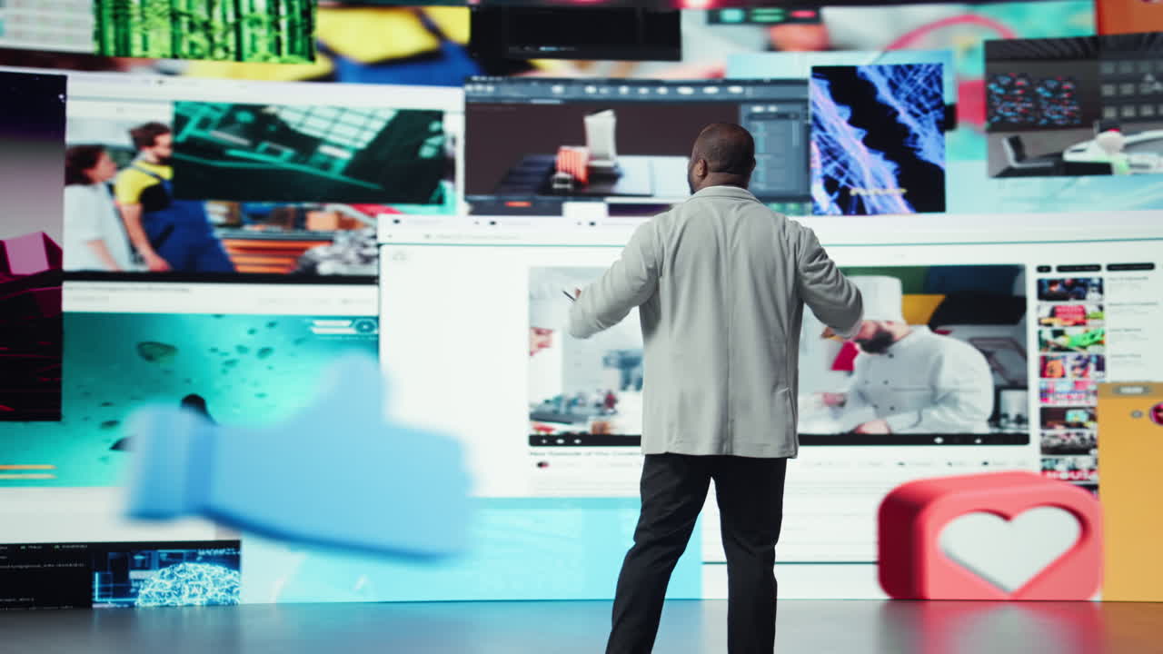 Vertical video Smiling man using phone gains access to thousands of videos with press of button