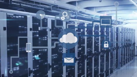 Animation-of-cloud-icon-with-network-of-connections-and-data-processing-over-computer-servers