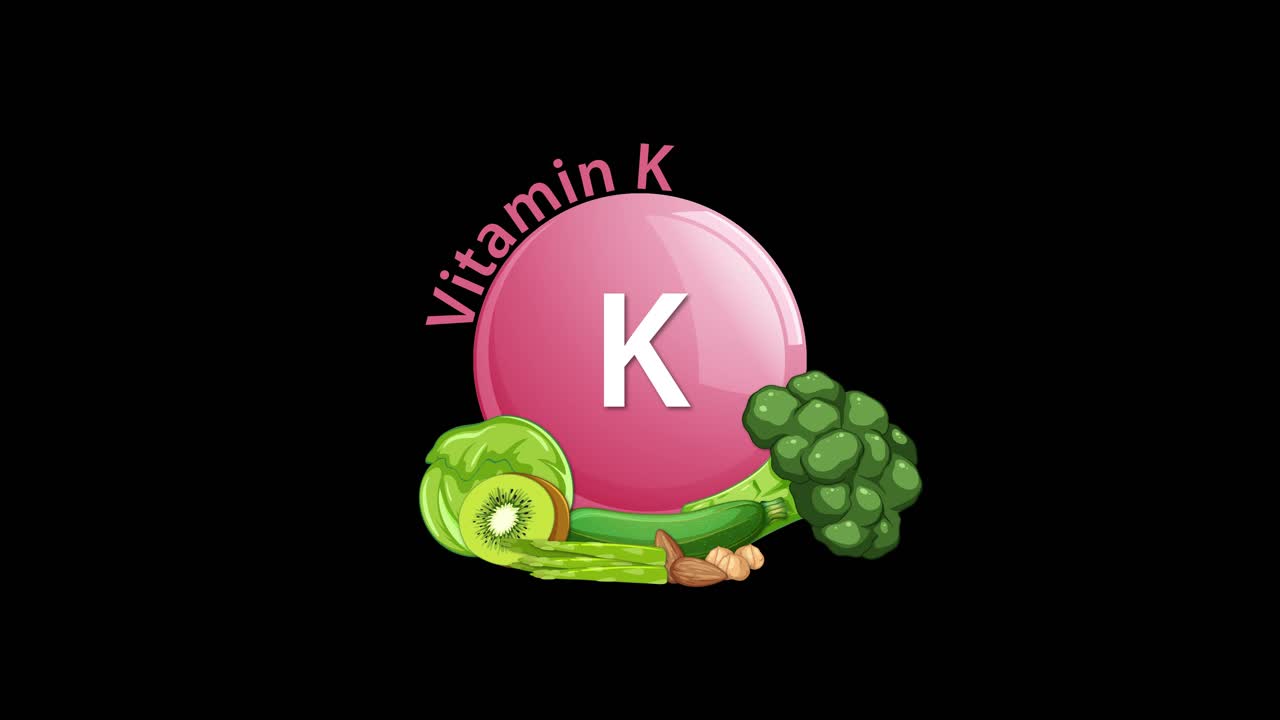 A pink Vitamin K icon animates as green vegetables appear beside it, set against a solid black background with smooth, gradual transitions