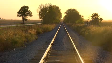 empty railroad tracks stretch into the distance