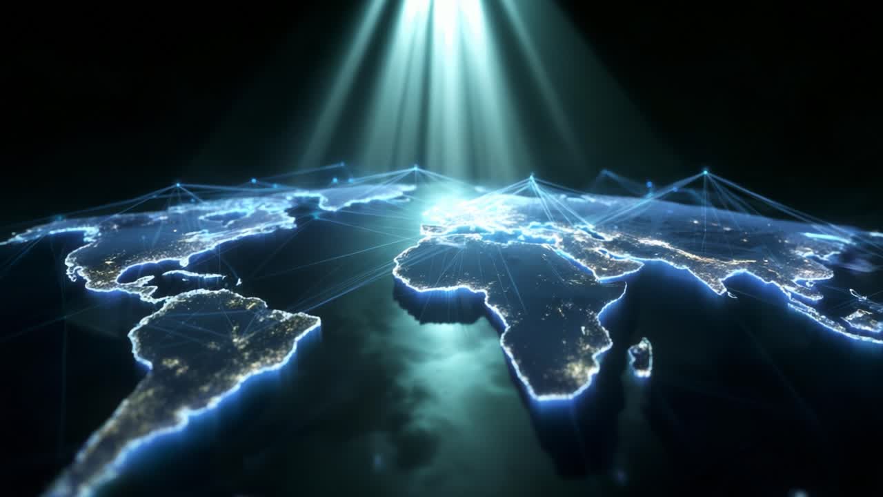 A Stunning Visualization of a Global Network: Illuminated World Map Depicting Connections, Geographic Representation, and Interactive Data Flow Captured from a Unique Perspective