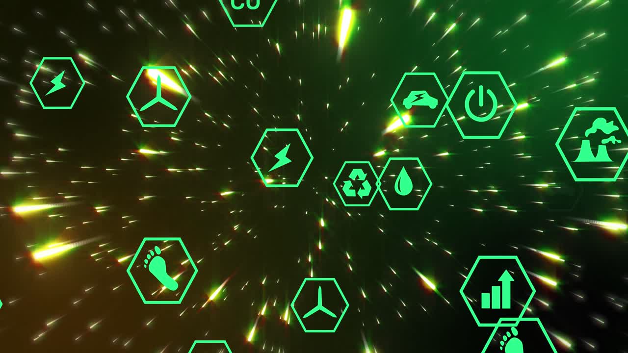 어두운 배경에 있는 별을  ⁇ 는 초록색 육각형 전력 아이콘의 애니메이션
