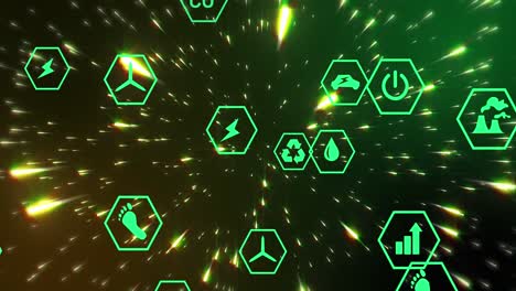 Animation-of-green-hexagonal-power-icons-over-shooting-stars-on-dark-background