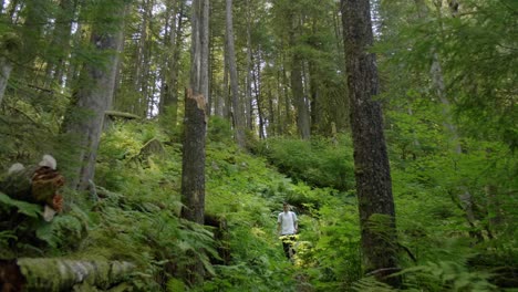 slow motion young man hiking downhill through tall trees in wild dense forest