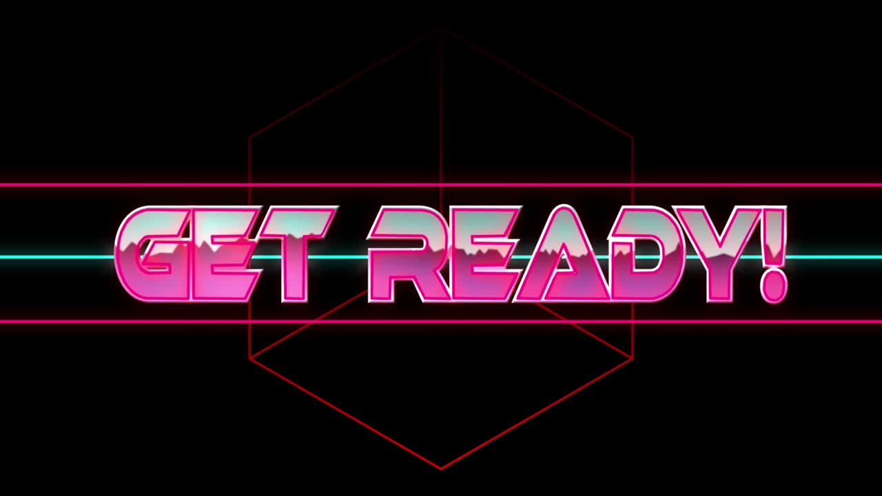 Animation of getready text in pink metallic, over neon lines on black