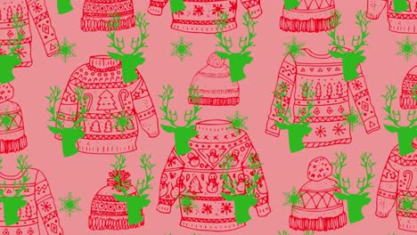 Animation-of-christmas-reindeer-and-jumpers-pattern-over-pink-background