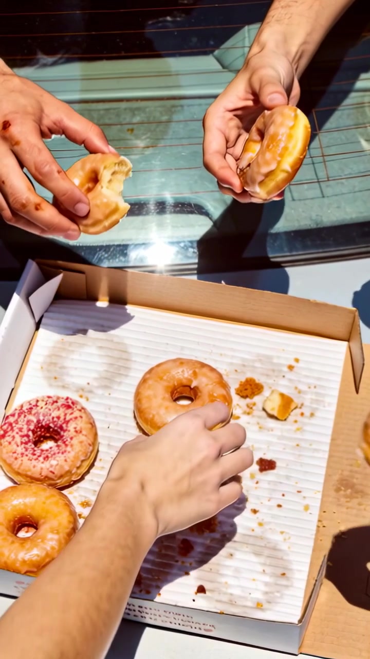 Vídeo vertical: Mãos pegando donuts glaceados na parte traseira do carro, levantando um donut com granulado, compartilhando.