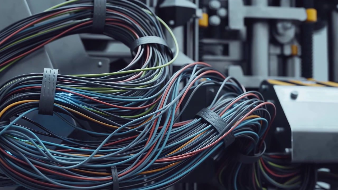 Closeup Industrial Multicolored Cables On Machinery, Tightly Bundled Wire Harness On Automated Production