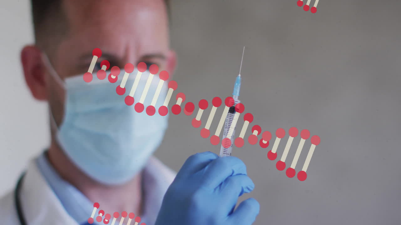 sosteniendo una jeringa, médico con máscara y guantes, cadenas de adn animación sobre