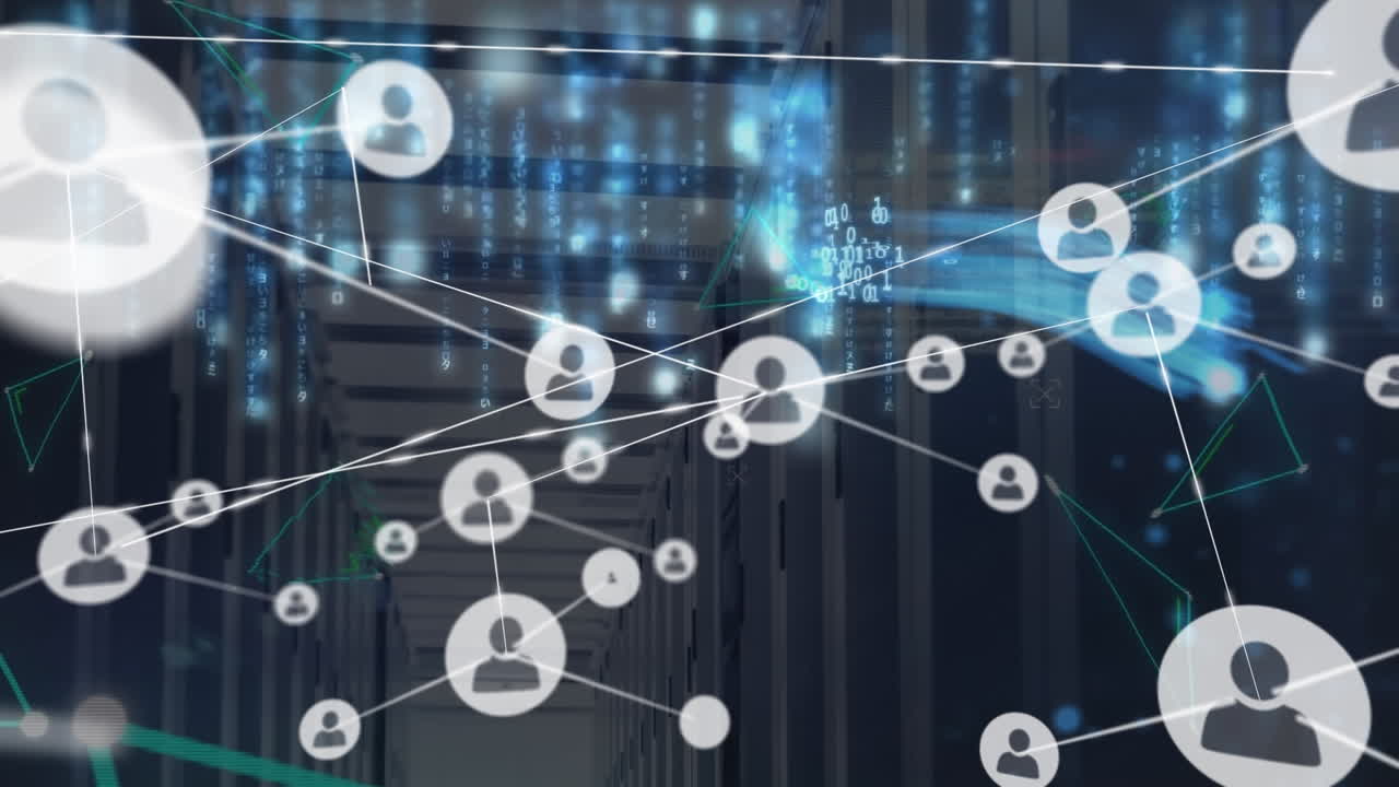 Animation of network of connections with icons and data processing over server room