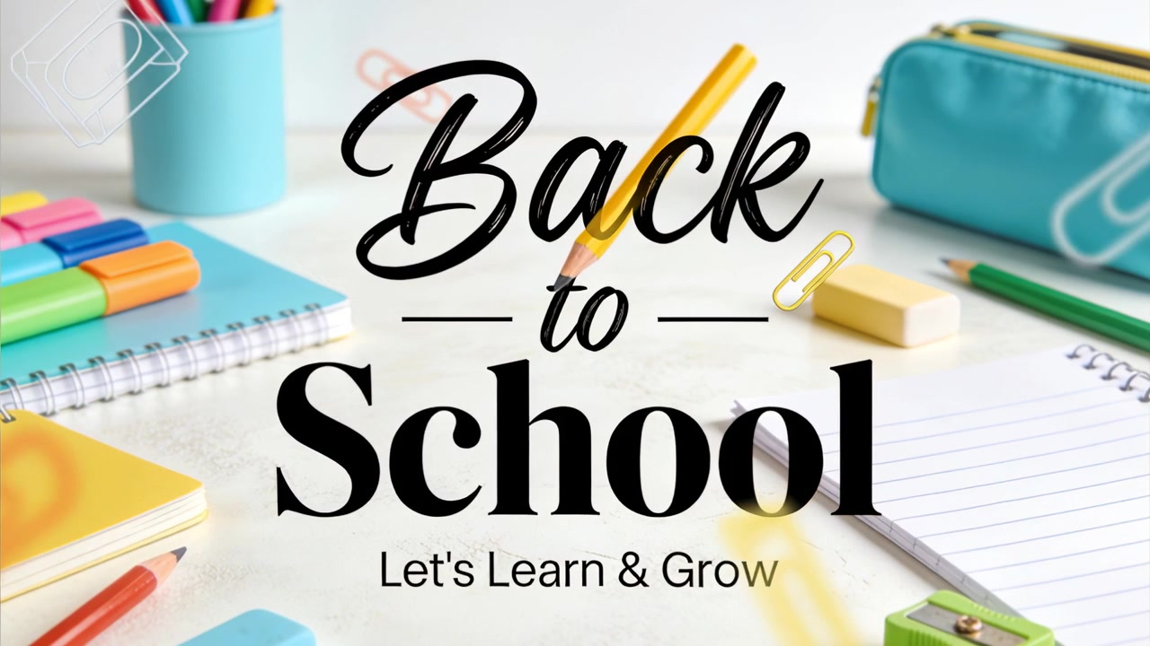 Entering yellow pencil moving toward centered Back to School headline on desk, highlighting message