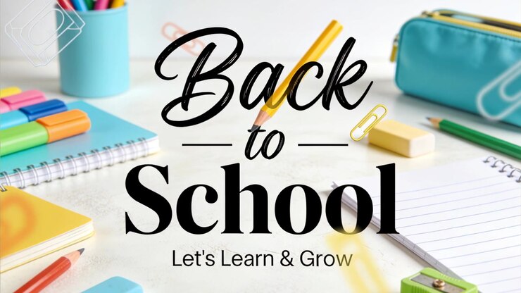 Entering yellow pencil moving toward centered Back to School headline on desk, highlighting message
